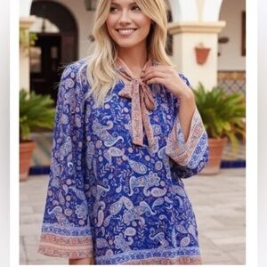 Lost + Wander Blue Paisley Sunday stroll mini Dress with Orange Trim Boho NWT S